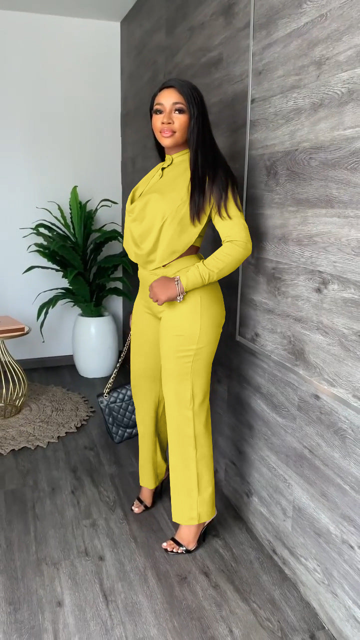 Button Turtleneck Long Sleeve Top Pants Set[Pre Order]