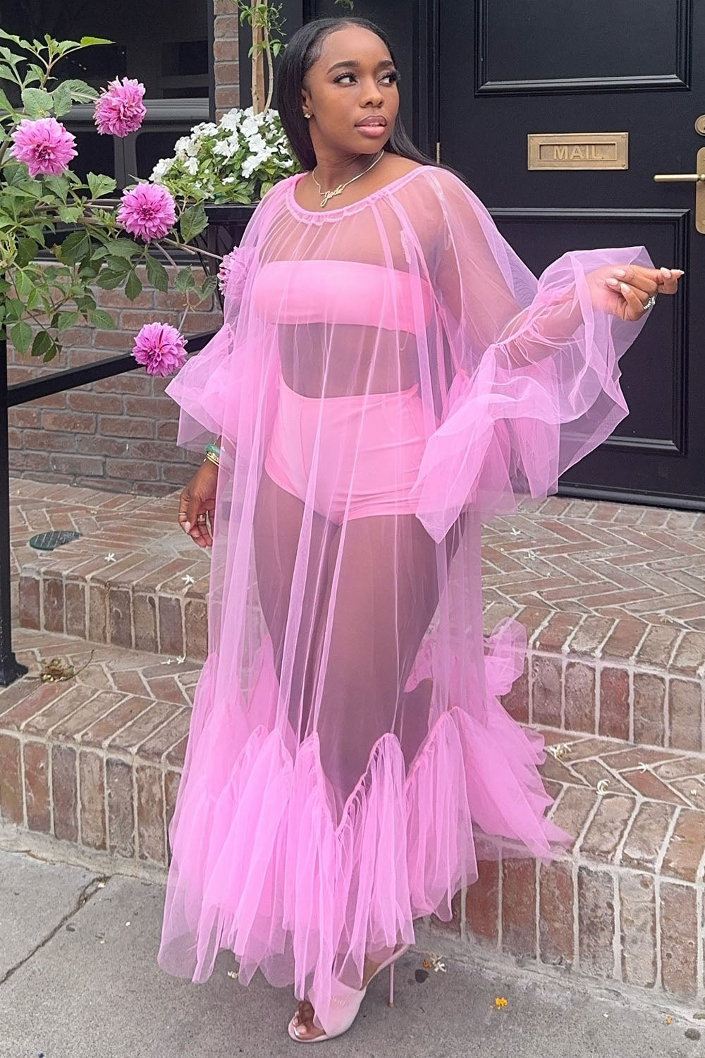 Mesh Ruffle Maxi Dresses Tube Top Shorts Party 3pcs Set-Pink [Pre Order]