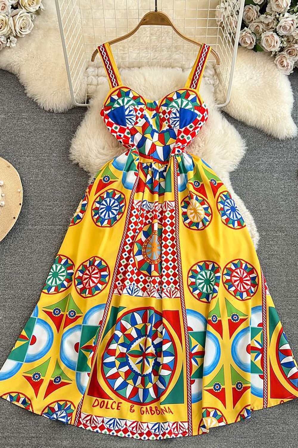 Geometric Print Sweetheart Neckline A-Line Vacation Slip Maxi Dresses-Yellow