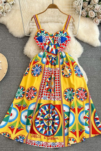 Geometric Print Sweetheart Neckline A-Line Vacation Slip Maxi Dresses-Yellow