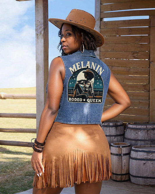 Melanin Rodeo Queen Single-Breasted Casual Denim Waistcoat