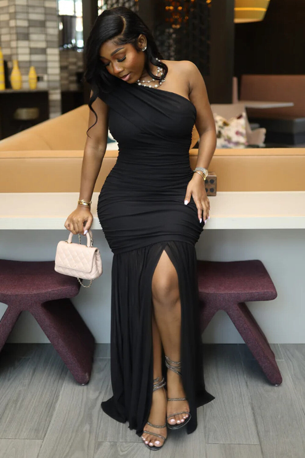Wrinkle One Shoulder Sleeveless Party Maxi Fishtail Dresses-White [Pre Order]