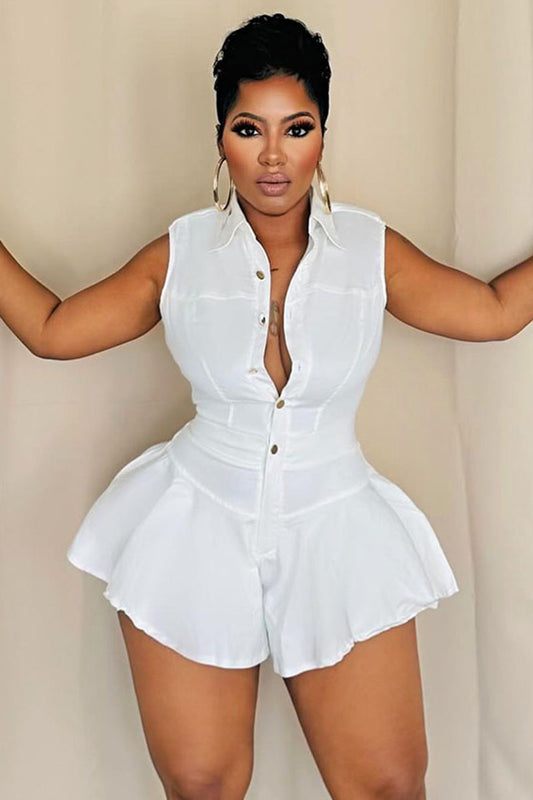 Tiktok Button Up Cinch Waist Sleeveless Daily Romper Playsuit-White