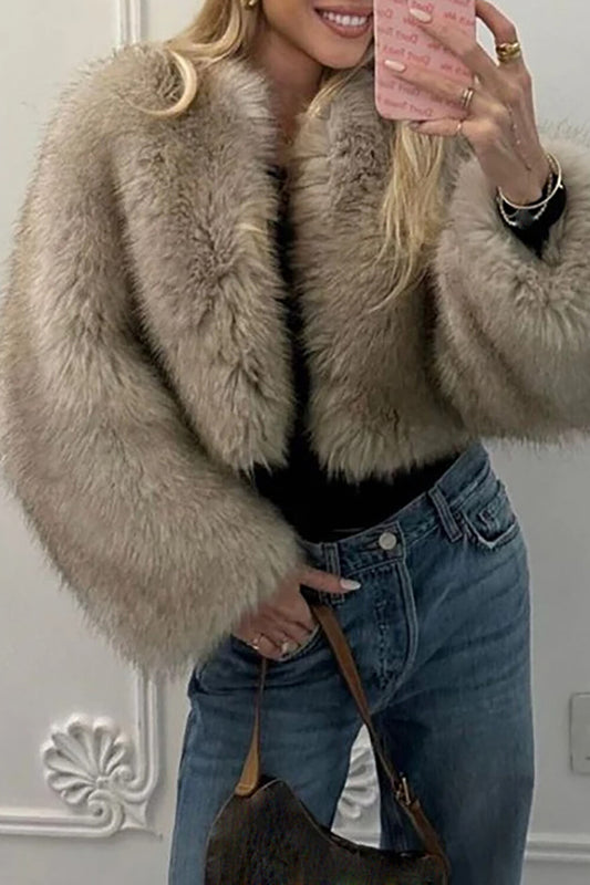 Fuzzy Long Sleeve Faux Fur Crop Coat-Coffee