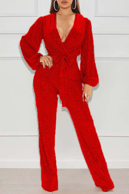 Deep V Neck Lantern Sleeve Sequin Tie Up Party Jumpsuit-Black
