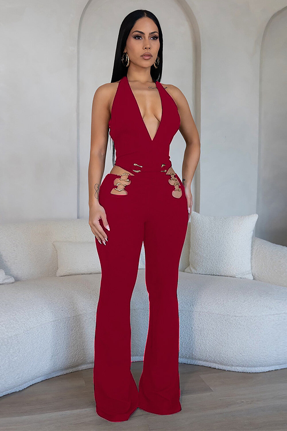 Deep V Neck Cutout Metal Rings Patchwork Flared Leg Halter Jumpsuit-Black