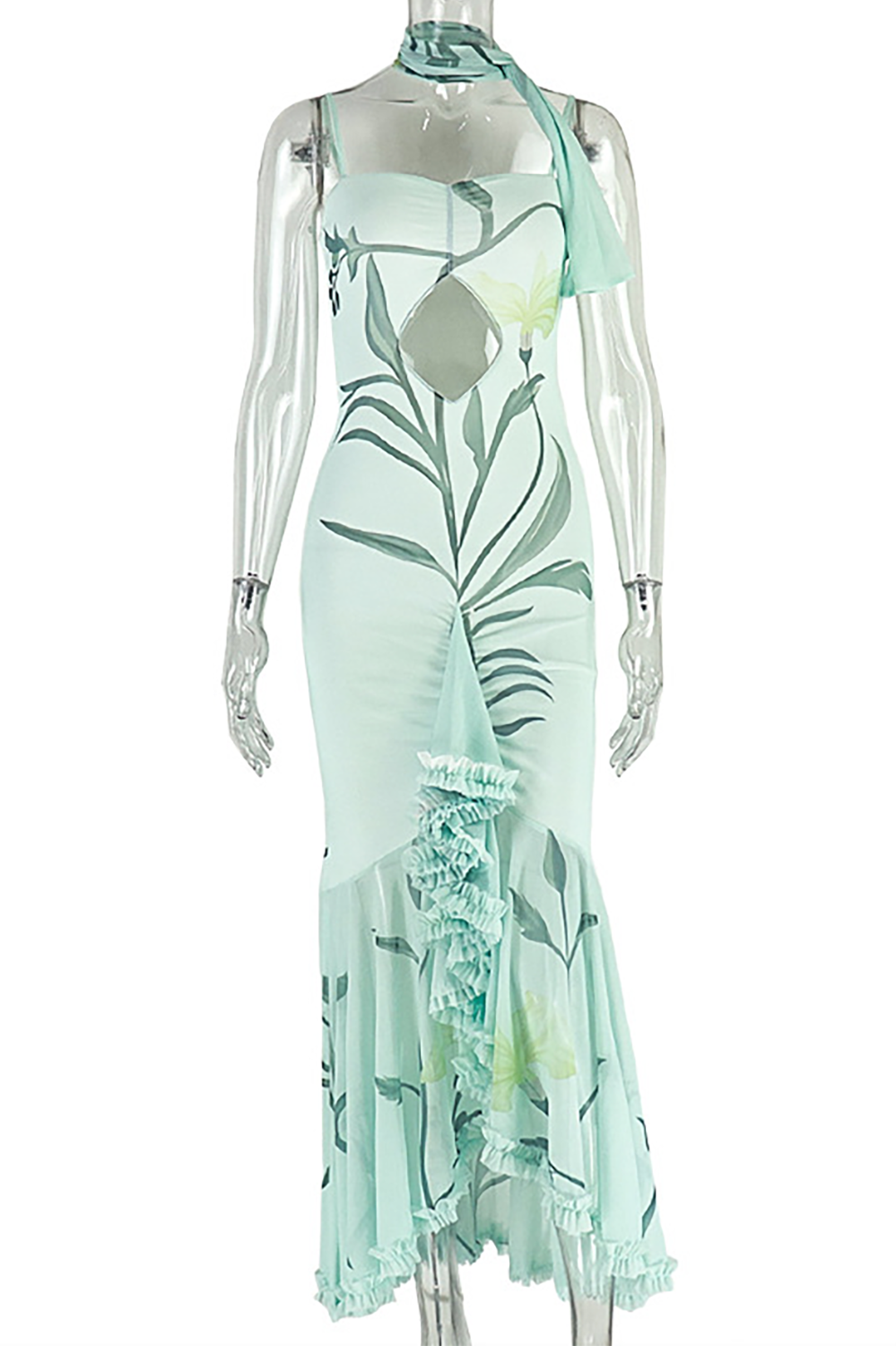Cutout Ruched Bodycon Floral Print Ruffled Strappy Maxi Dresses-Green