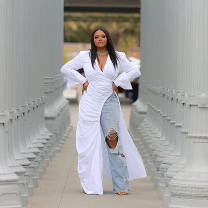 Deep V Neck High Slit Ruched Gown Maxi Dresses