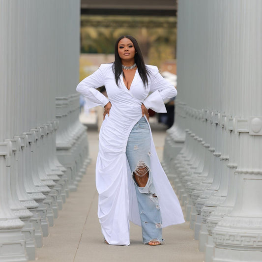 Deep V Neck High Slit Ruched Gown Maxi Dresses