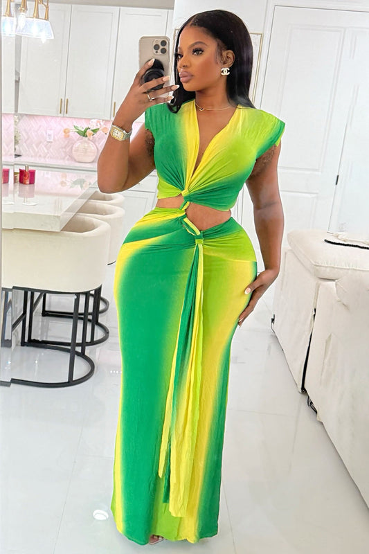 Ombre Print Cap Sleeve V Neck Sash Party Maxi Dresses-Green