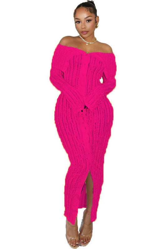 Mesh Jacquard Off Shoulder Long Sleeve Slit Bodycon Midi Dresses-Black