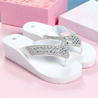 Rhinestone Decor Round Toe Flip Flops Wedge Slippers-Black