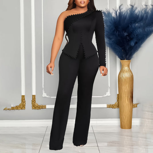 Spring New Two-Piece Set of Diagonal Shoulder Beaded plus Size Suit