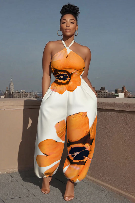 Floral Print Halter Cinched Vacay Tapered Leg Jumpsuit-White [Pre Order]