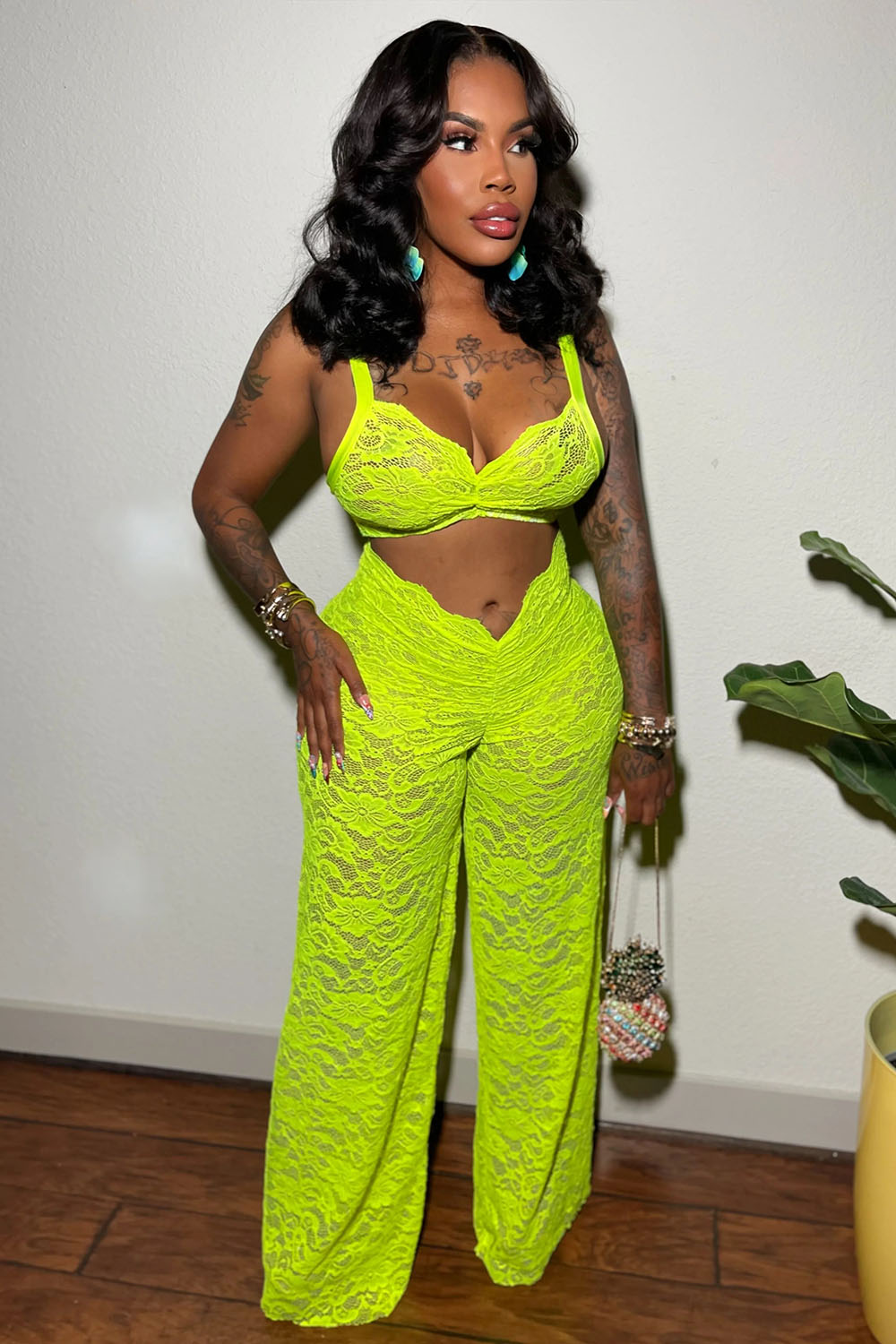 Lace Cami Bikini Top V-Rise Wide Leg Pants Party 2pcs Set-Green [Pre Order]