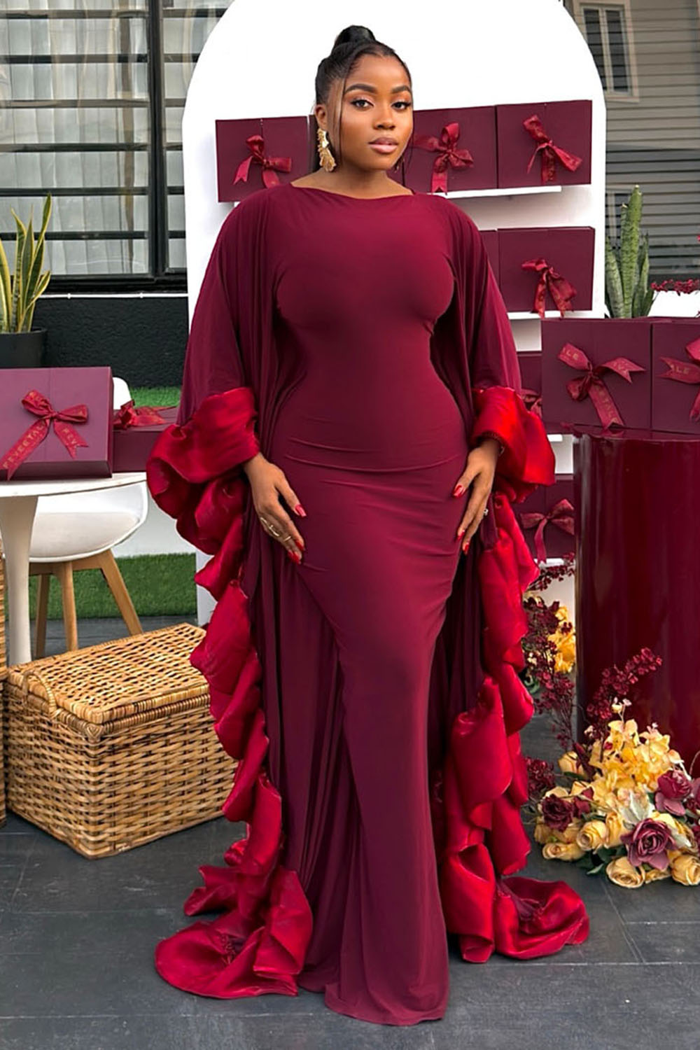 Bat-Wing Patchwork Ruffle Valentine's Party Maxi Dresses-Burgundy [Pre Order]