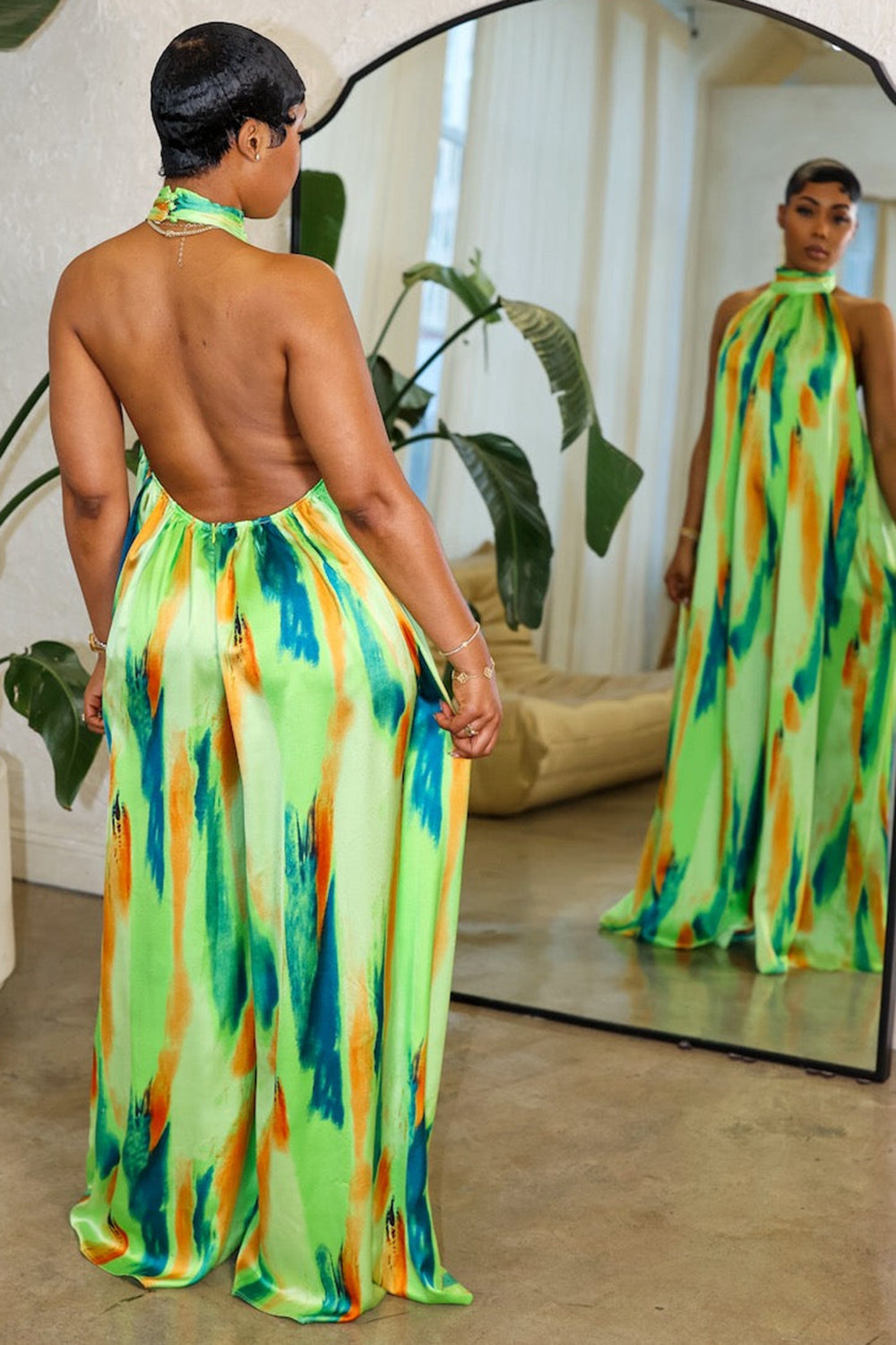 Backless Tie Dye Print Vacay Oversize Wide Leg Jumpsuit-Green [Pre Order]