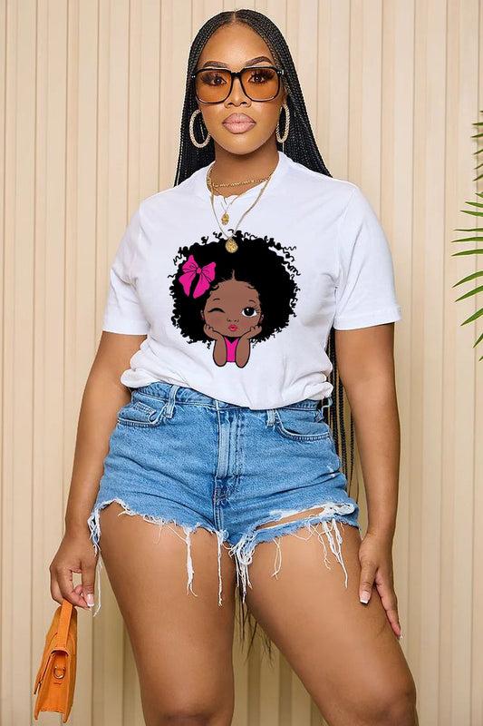 LORAGAL Ribbon Black Girl Print Short Sleeve Casual T-Shirt-White