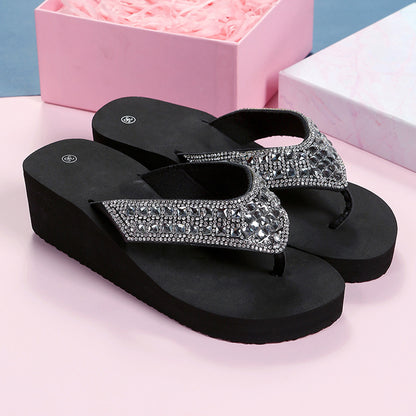 Rhinestone Decor Round Toe Flip Flops Wedge Slippers-Black