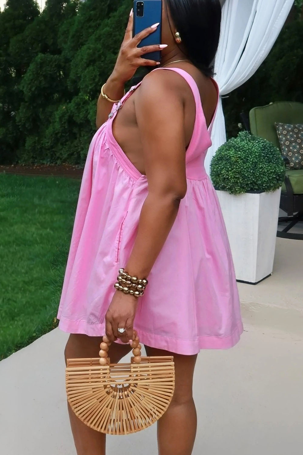 Square Neck Straps Loose-Fit Daily Mini Swing Dresses-Pink [Pre Order]