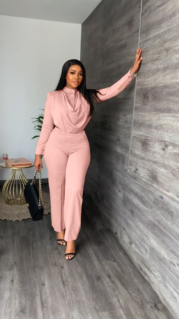 Button Turtleneck Long Sleeve Top Pants Set[Pre Order]