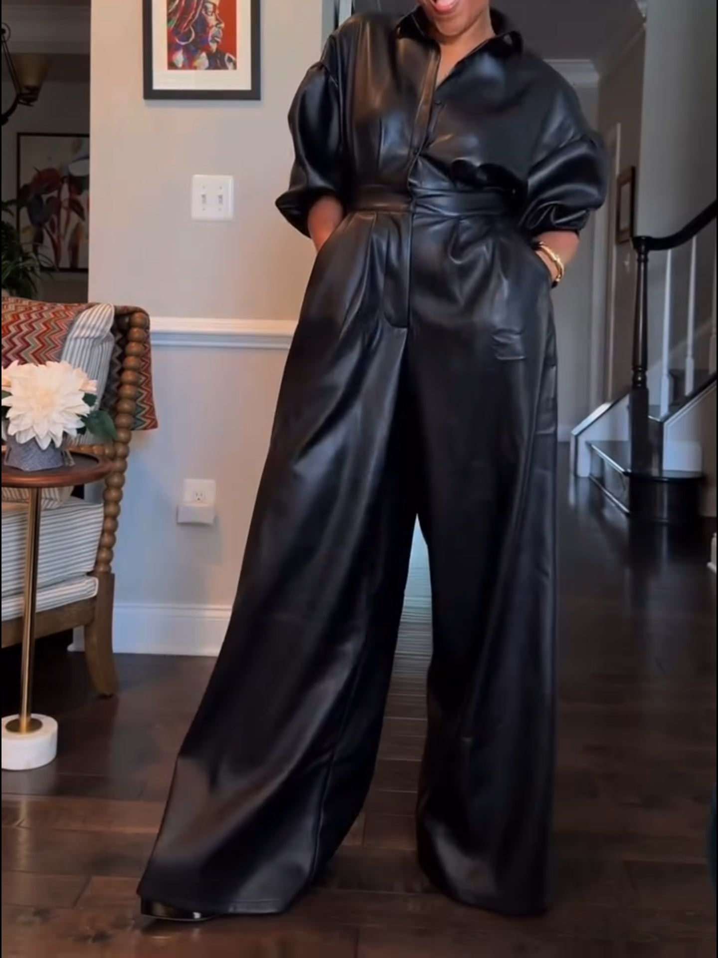 Button waist wide-leg leather jumpsuit