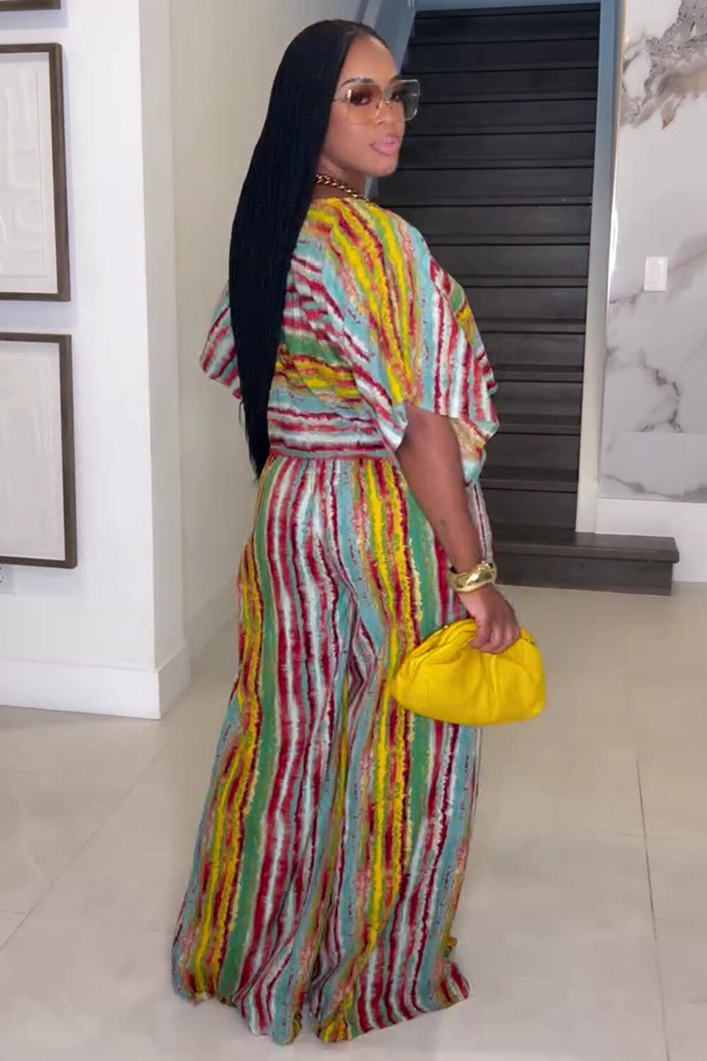 Stripe Print Puff Sleeve Top Wide Leg Pants 2pcs Set-Multicolor [Pre Order]