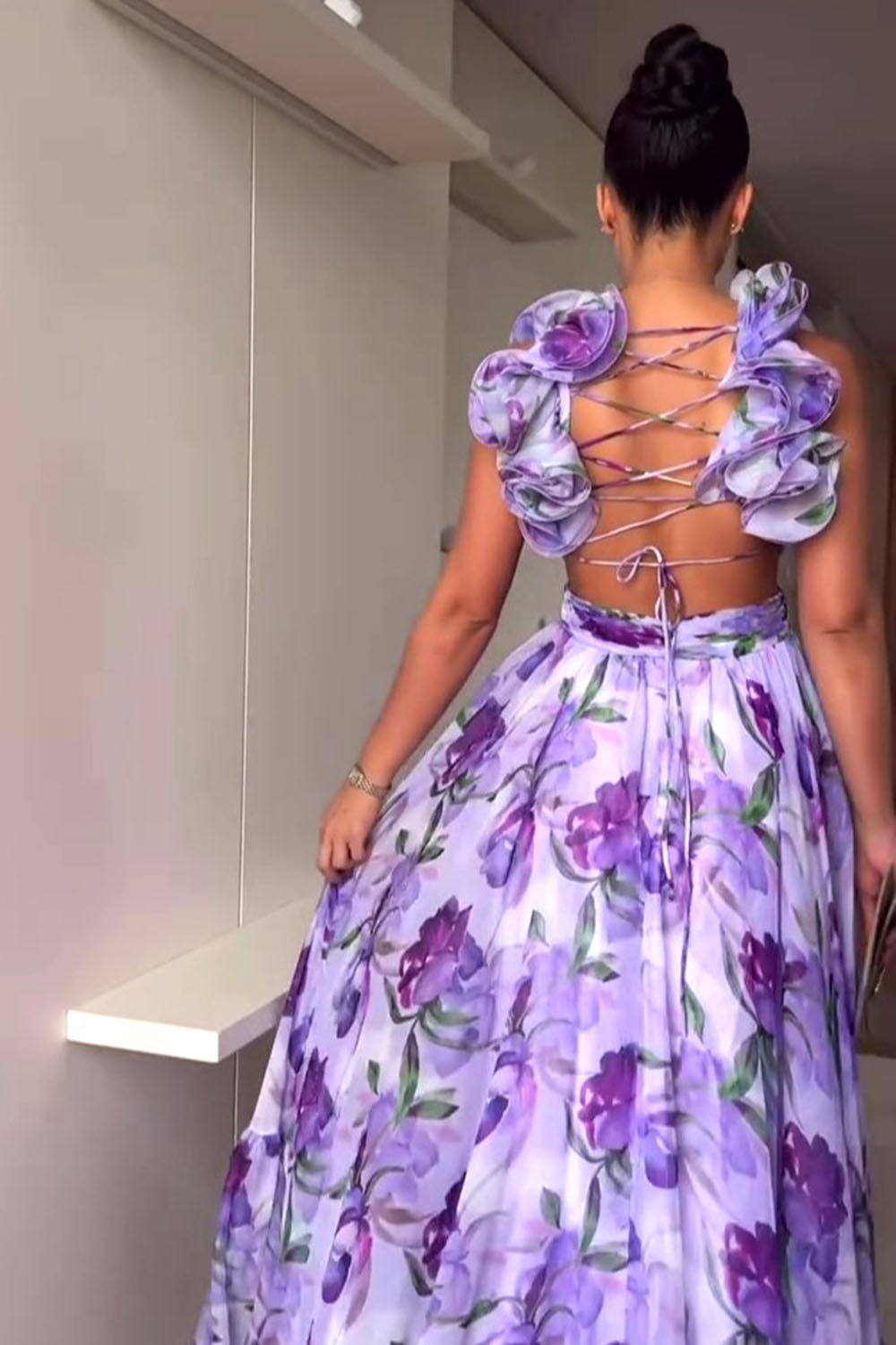 Floral Print V Neck Ruffle Lace-Up Back Party Maxi Dresses-Purple [Pre Order]