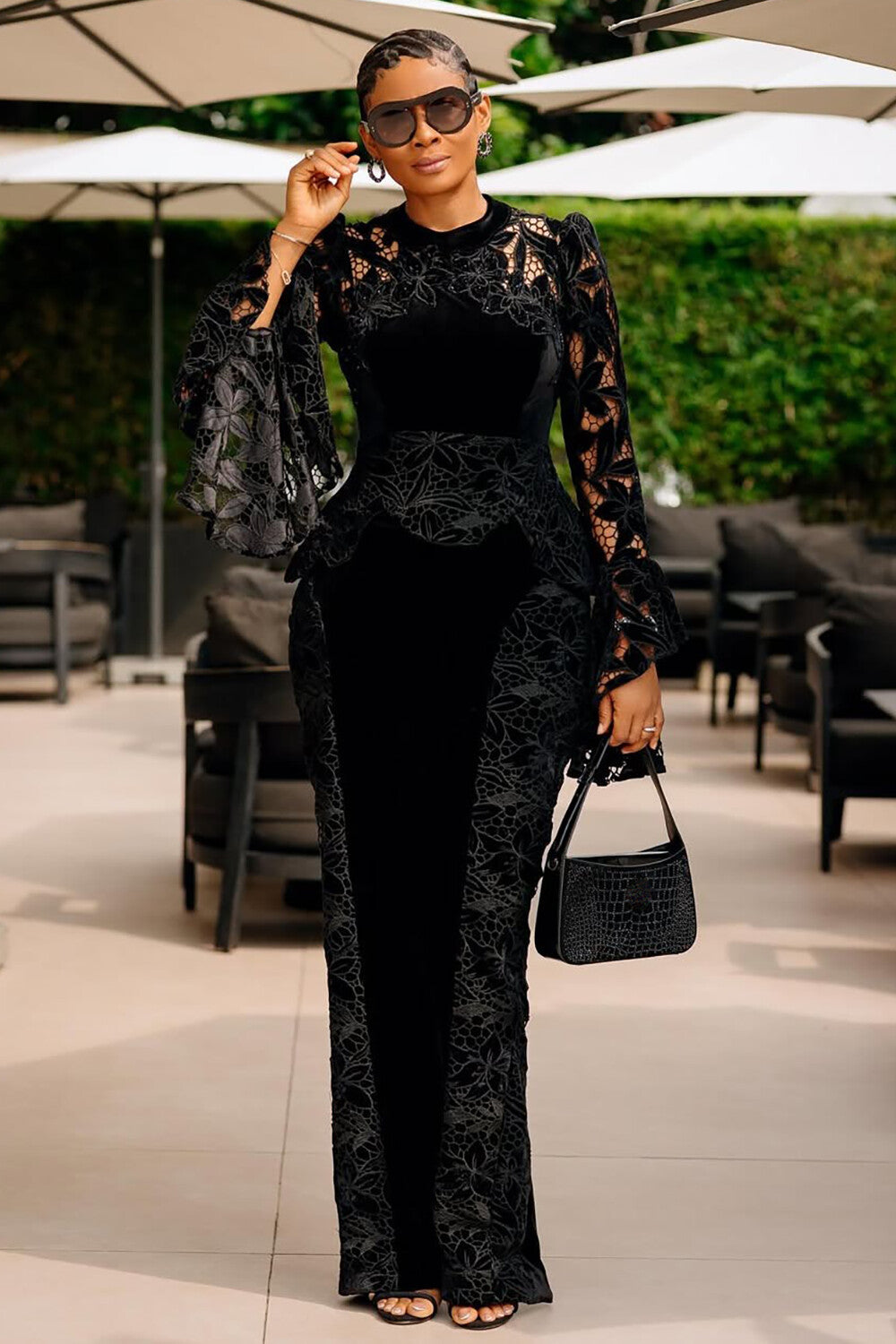 Lace Patchwork Velvet Flare Sleeve Fitted Gowns Maxi Dresses-Black [Pre Order]
