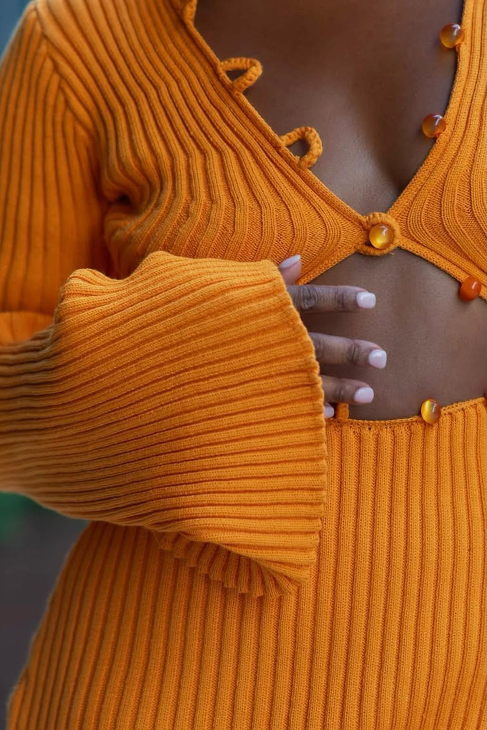 V Neck Cutout Long Sleeve Pit Knit Solid Maxi Dresses-Orange [Pre Order]