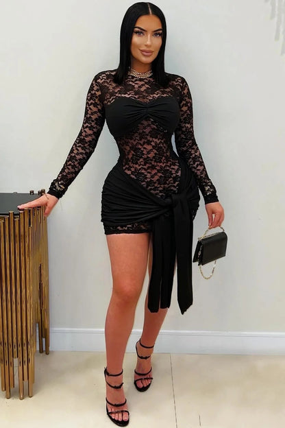 Guipure Lace Long Sleeve Sash Bodycon Party Mini Dresses-Black [Pre Order]