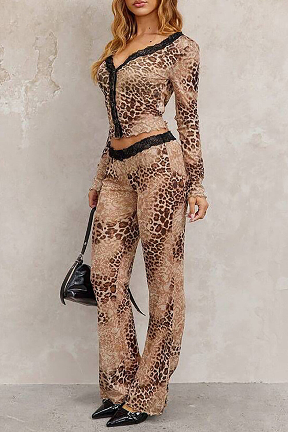 Lace Trim Leopard Print Long Sleeve Top Flared Pants Matching Set-Brown