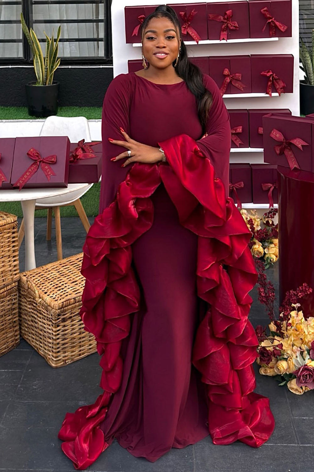 Bat-Wing Patchwork Ruffle Valentine's Party Maxi Dresses-Burgundy [Pre Order]