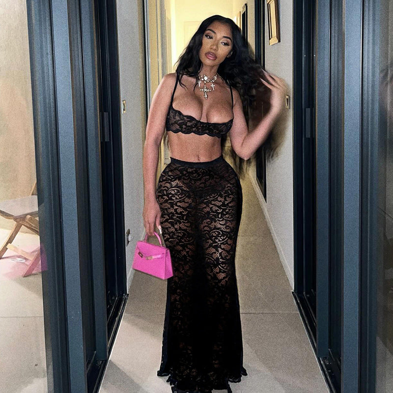 Sexy Cutout Sling Top Solid Color High Waist Skirt Lace Two Piece Suit