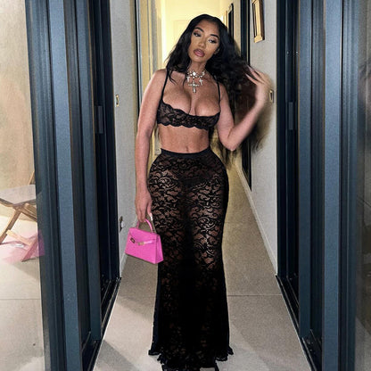 Sexy Cutout Sling Top Solid Color High Waist Skirt Lace Two Piece Suit