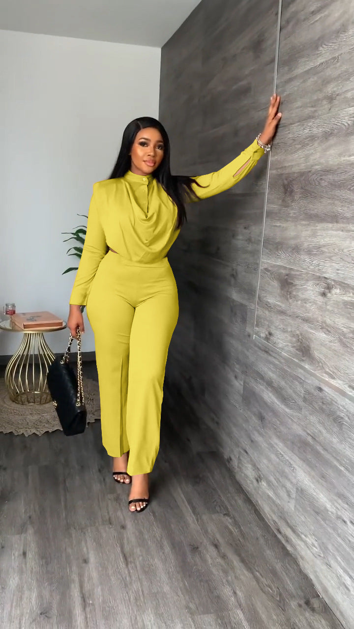 Button Turtleneck Long Sleeve Top Pants Set[Pre Order]