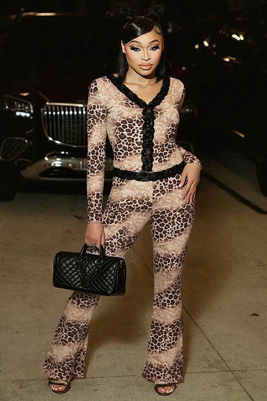 Lace Trim Leopard Print Long Sleeve Top Flared Pants Matching Set-Brown