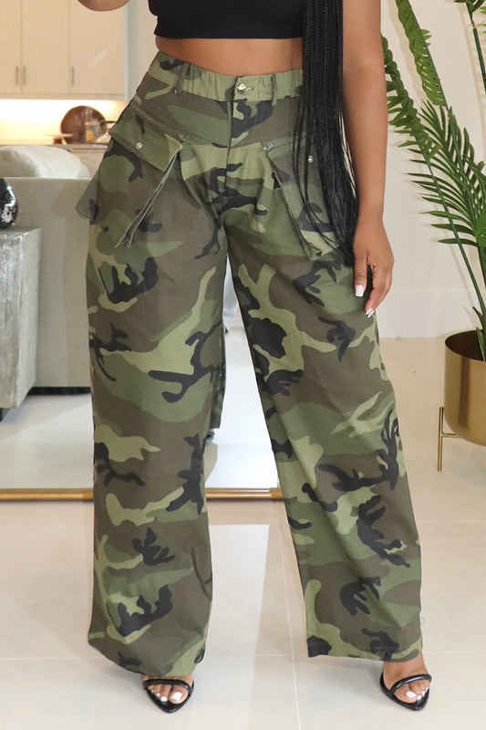 Camo Print High Waist Pockets Wide Leg Casual Pants-Green