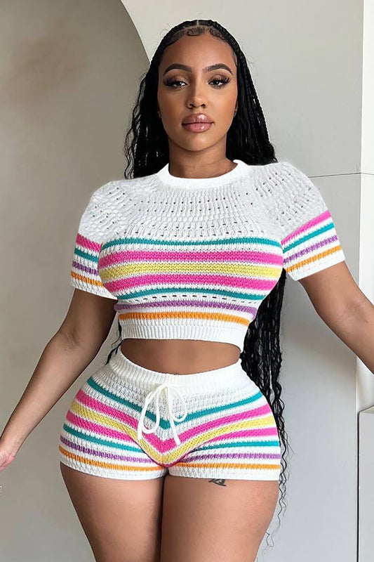 Multicolor Striped Knit Short Sleeve Crop Top Slim Fit Shorts 2pcs Set-White