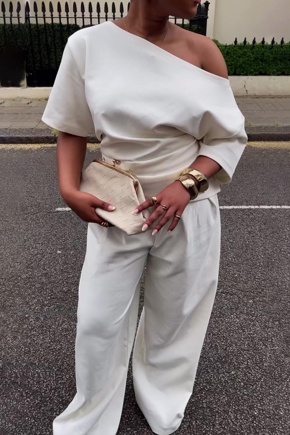 One Shoulder Boat Neck Top Wide Leg Pants Daily 2pcs Set-White [Pre Order]