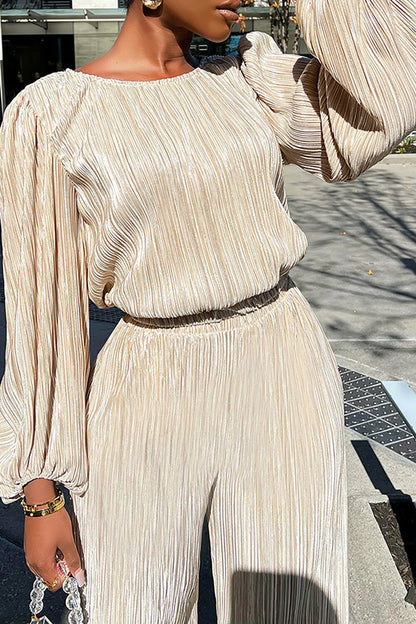 Pleated Solid Color Lantern Sleeve Top Wide Leg Pants Matching Set-Beige