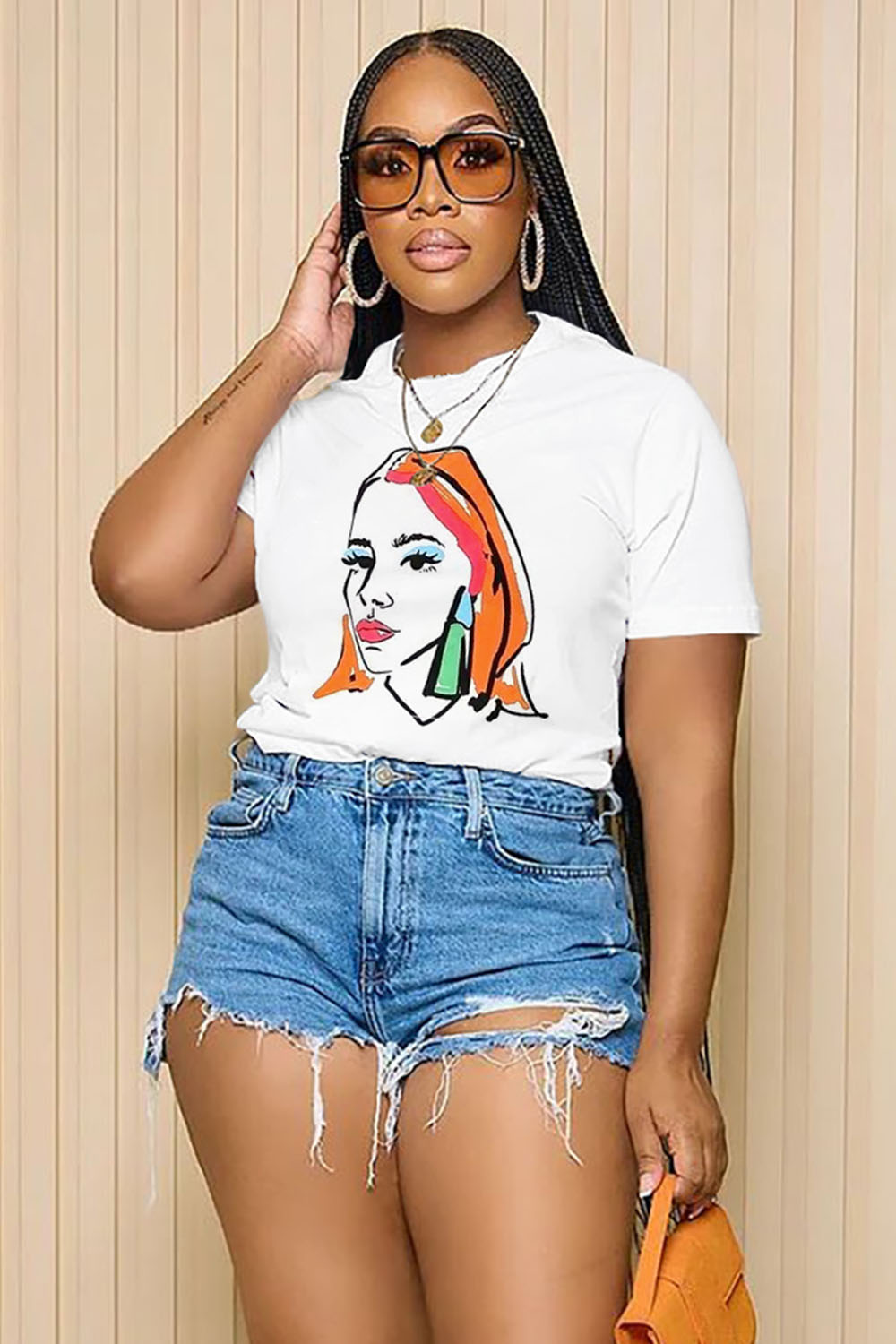 LORAGAL Girl Sketch Print Short Sleeve Casual T-Shirt-White