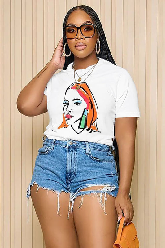 LORAGAL Girl Sketch Print Short Sleeve Casual T-Shirt-White
