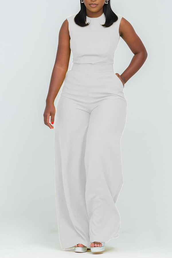 Stylish Round Neck Slant Pocket Jumpsuit