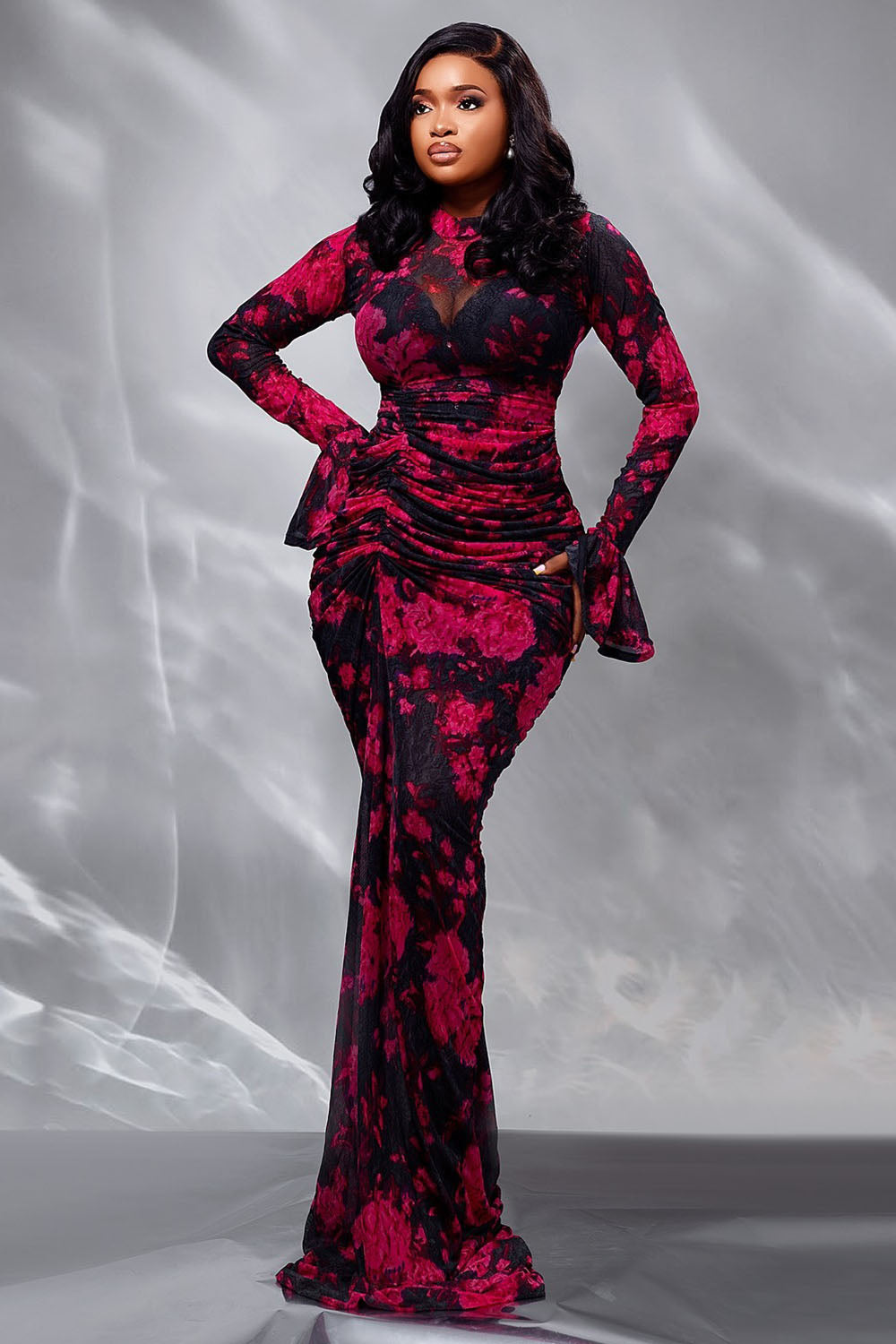 Floral Print Mesh Flare Sleeve Party Fishtail Maxi Dresses-Red [Pre Order]