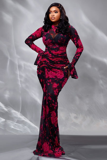 Floral Print Mesh Flare Sleeve Party Fishtail Maxi Dresses-Red [Pre Order]