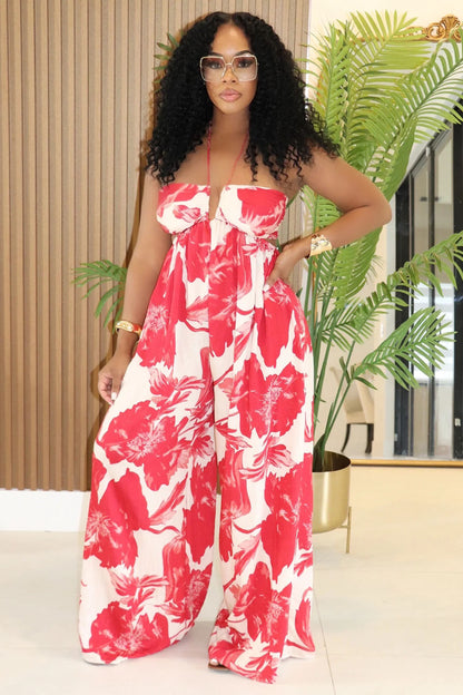 Floral Print Halter Empire Waist Vacation Wide Leg Jumpsuit-Red [Pre Order]