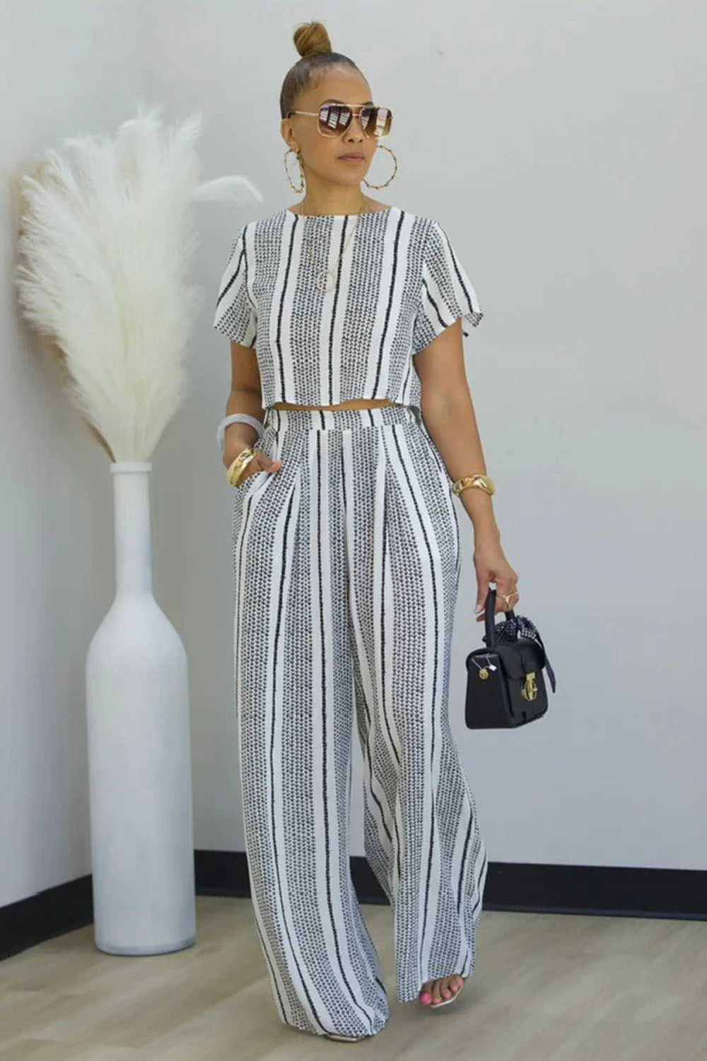 Stripe Print T-Shirt High-Rise Wide Leg Pants 2pcs Set-White [Pre Order]
