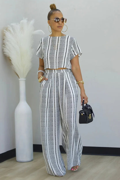 Stripe Print T-Shirt High-Rise Wide Leg Pants 2pcs Set-White [Pre Order]