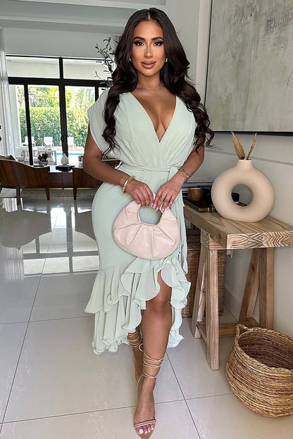 Deep V Neck Short Sleeve Tie Belt Ruffled Solid Color Midi Dresses-Orange